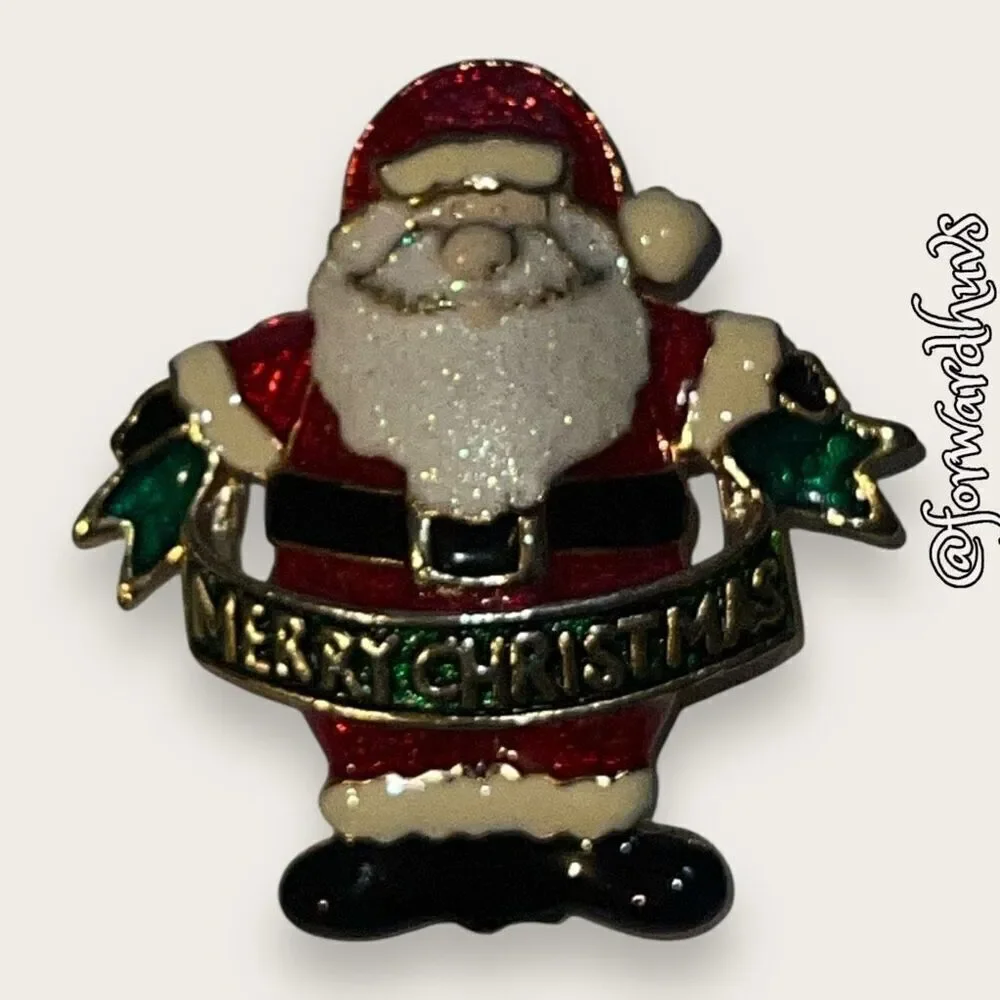 Vintage Santa Merry Christmas Metal & Enamel Brooch